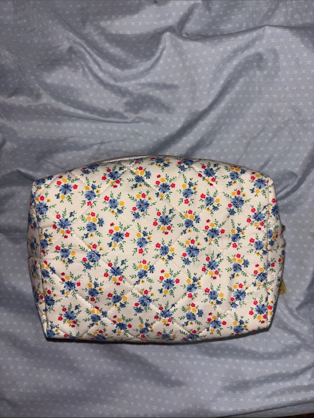 Marshalls Floral Quilted Cosmetic Pouch - Cream with Blue, Red & Yellow Accents
